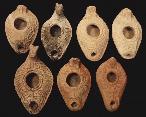 Herodian oil lamps with crosses from first-century Judea.